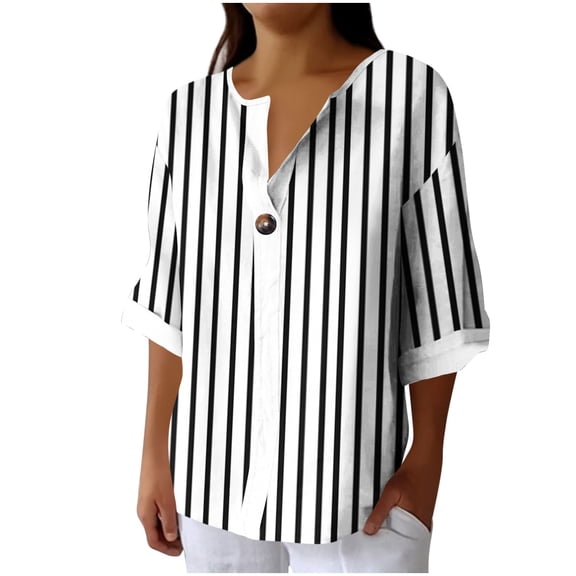 VEKDONE 3/4 Length Sleeve Stripe Tops for Women Summer Button Down V-Neck Tunic Tops Casual Loose Fit Lightweight Blouse Fashion Clothes White L