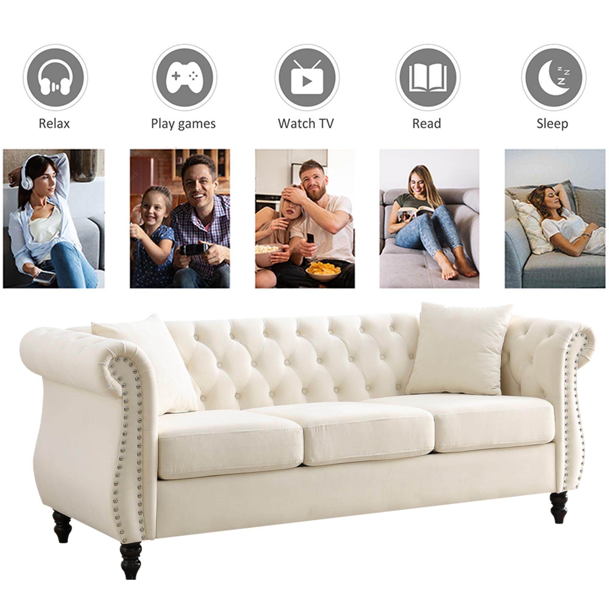 FURNINEST Living Room Sofa Furniture, Mid-Century 3-Seat Couches and Sofas, Velvet Upholstered Sofa Sofa with 2 Pillows and Wood Legs, Velvet Sofa for Living Room Bedroom, 80"L x 29"W x 30"H, Beige