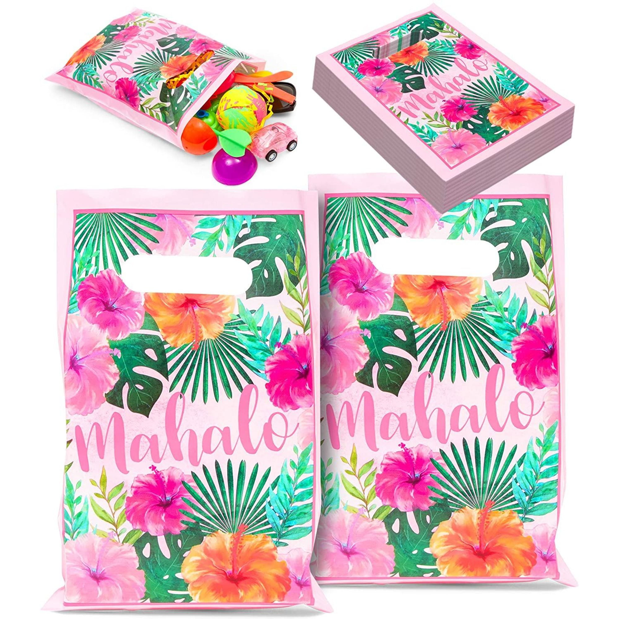 100Pack Hawaiian Luau Party Favor Bags in Tropical Palm Leaves