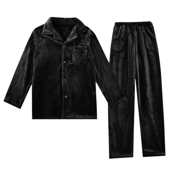 hoksml Men's Solid Color Flannel Pajama Set Winter Thermal Brushed Fleece Loungewear Button-Down Shirt and Elastic Waist Lace Up Pants Cozy Sleepwear