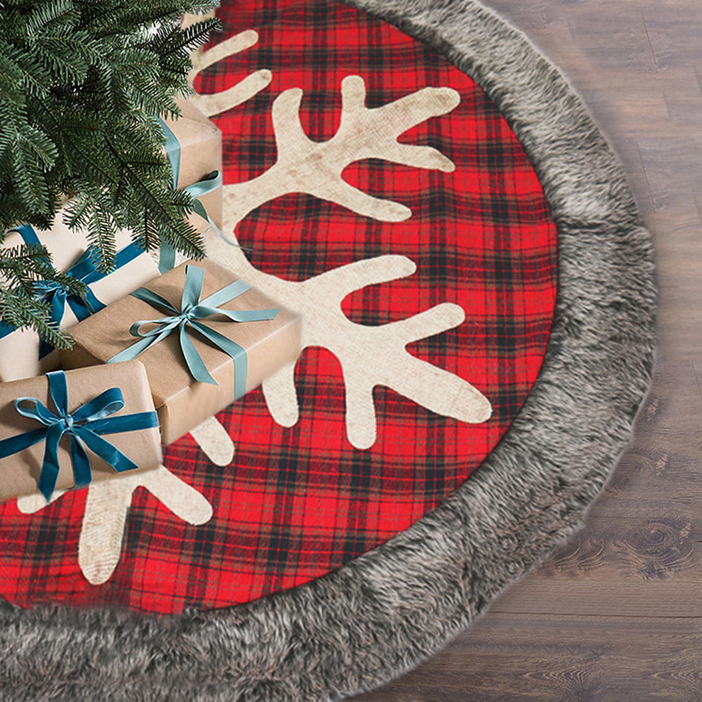 Mini Christmas Tree Skirt 18” Black Red Buffalo Plaid & Burlap w/ Red Snowflakes 
