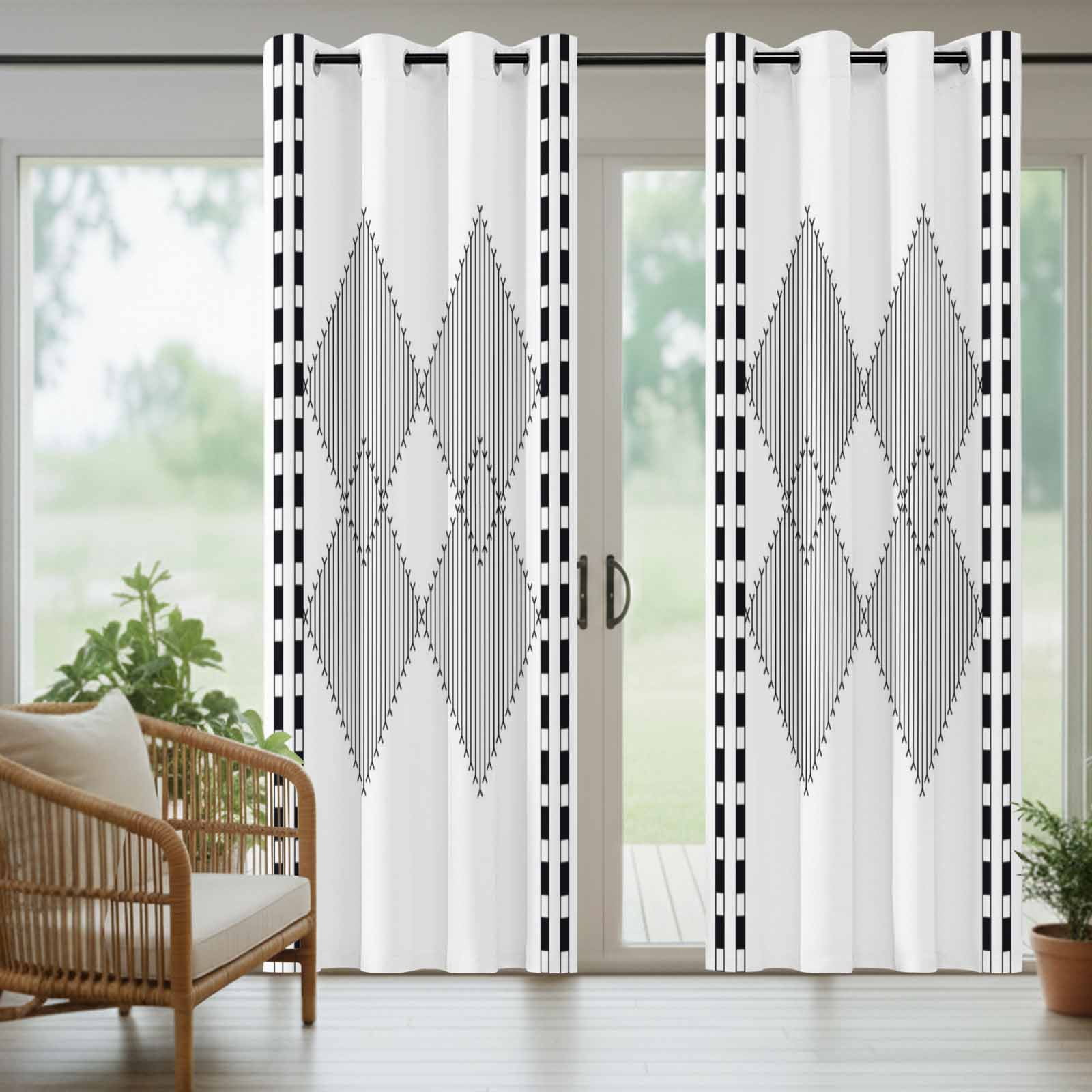 Modern Black and White Outdoor Curtains for Patio, Striped Diamonds Checkered Border Art Sunshade Privacy Drapes Grommet Waterproof Outside Curtains for Porch/Cabana/Balcony 54"x 108", 1 Panel