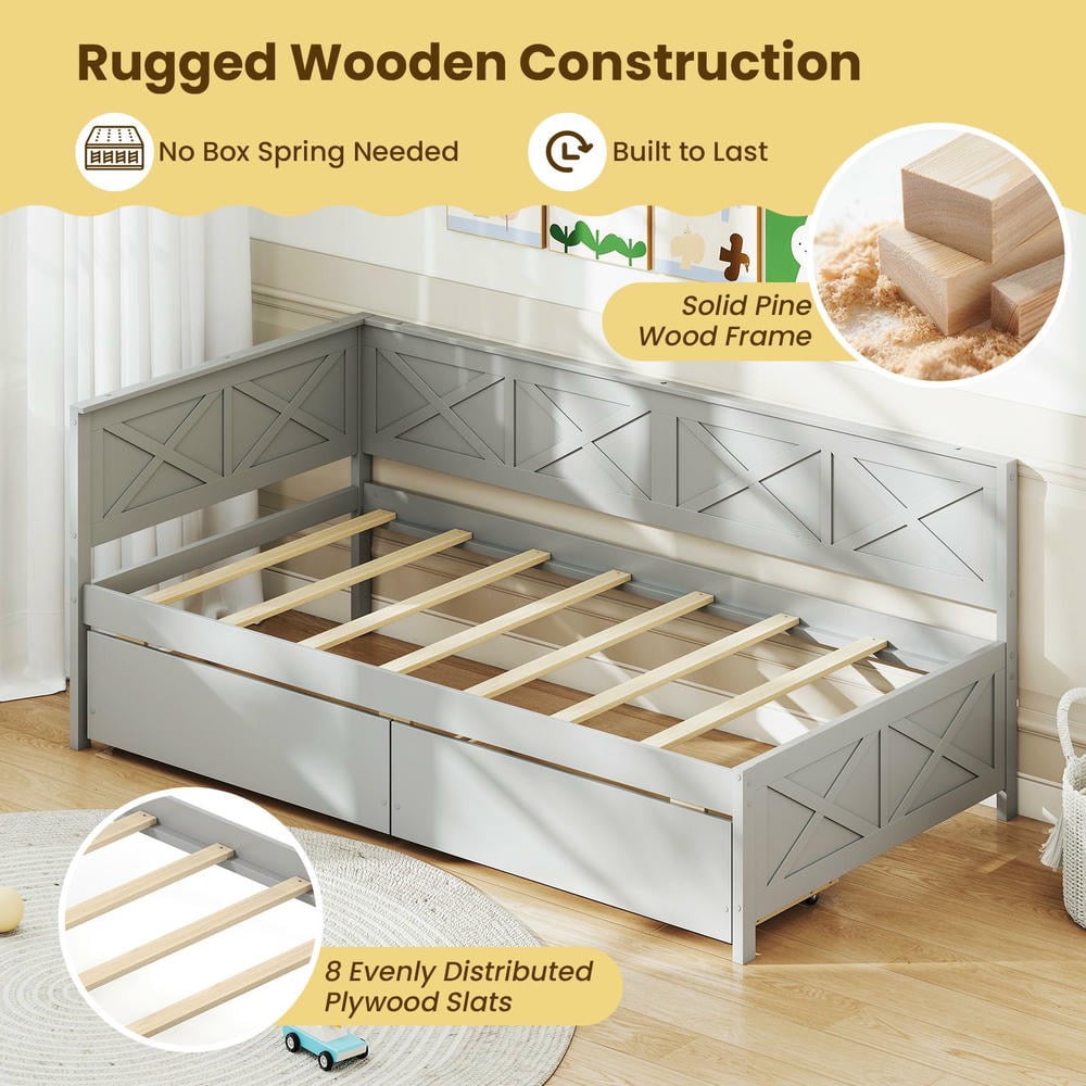 Barara King Twin Size Bedroom Trundle Bed Frame with 2 Storage Drawers and No Box Spring Needed, Bed Platform Frame for Bedroom, Apartment, Gray