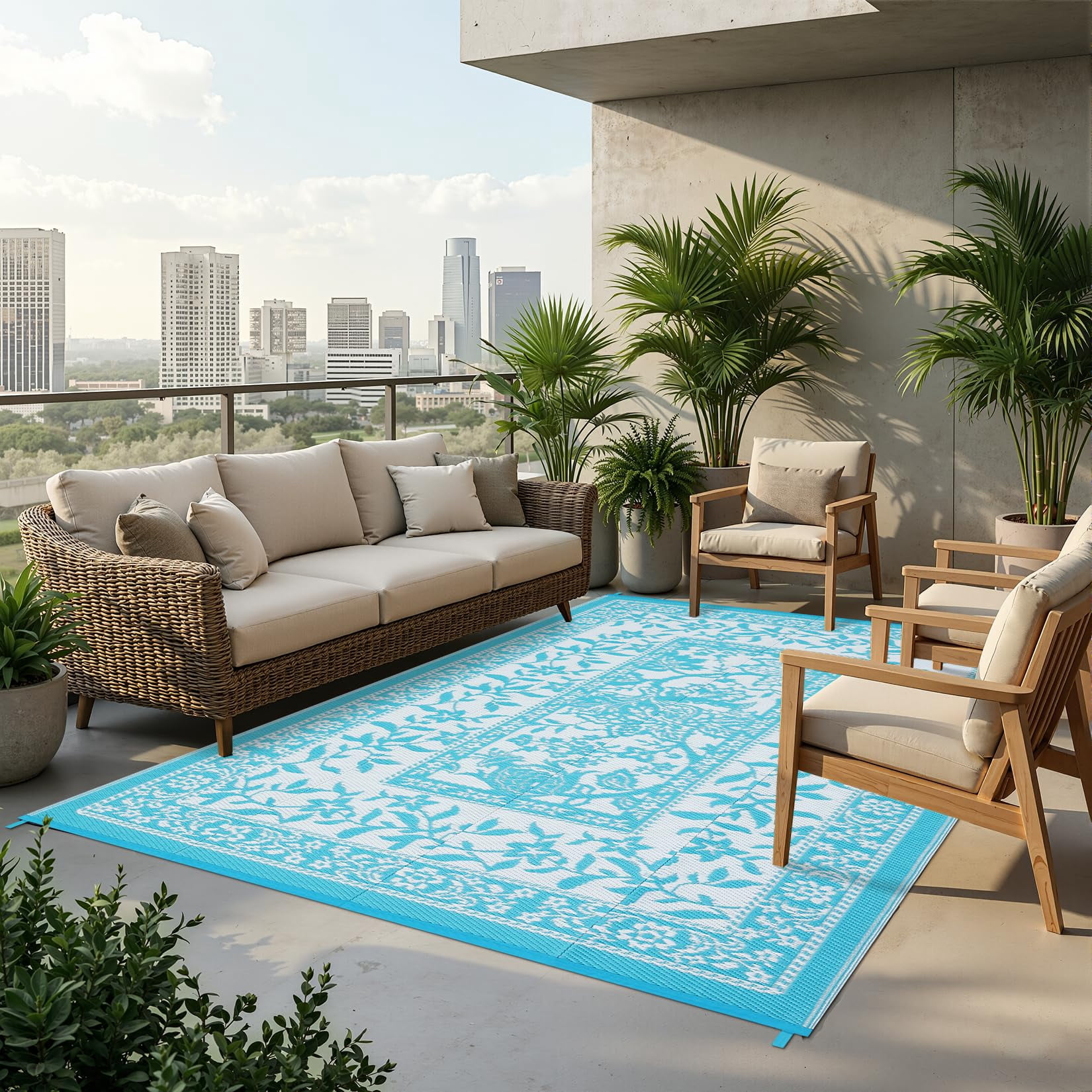 Soonbuy 8x10 FT Outdoor Rug, Waterproof Reversible Plastic Straw Outdoor Patio Rug, Botanical Grove Vintage Cottage Outdoor Area Rug Carpet for RV, Deck, Picnic, Beach, Backyard