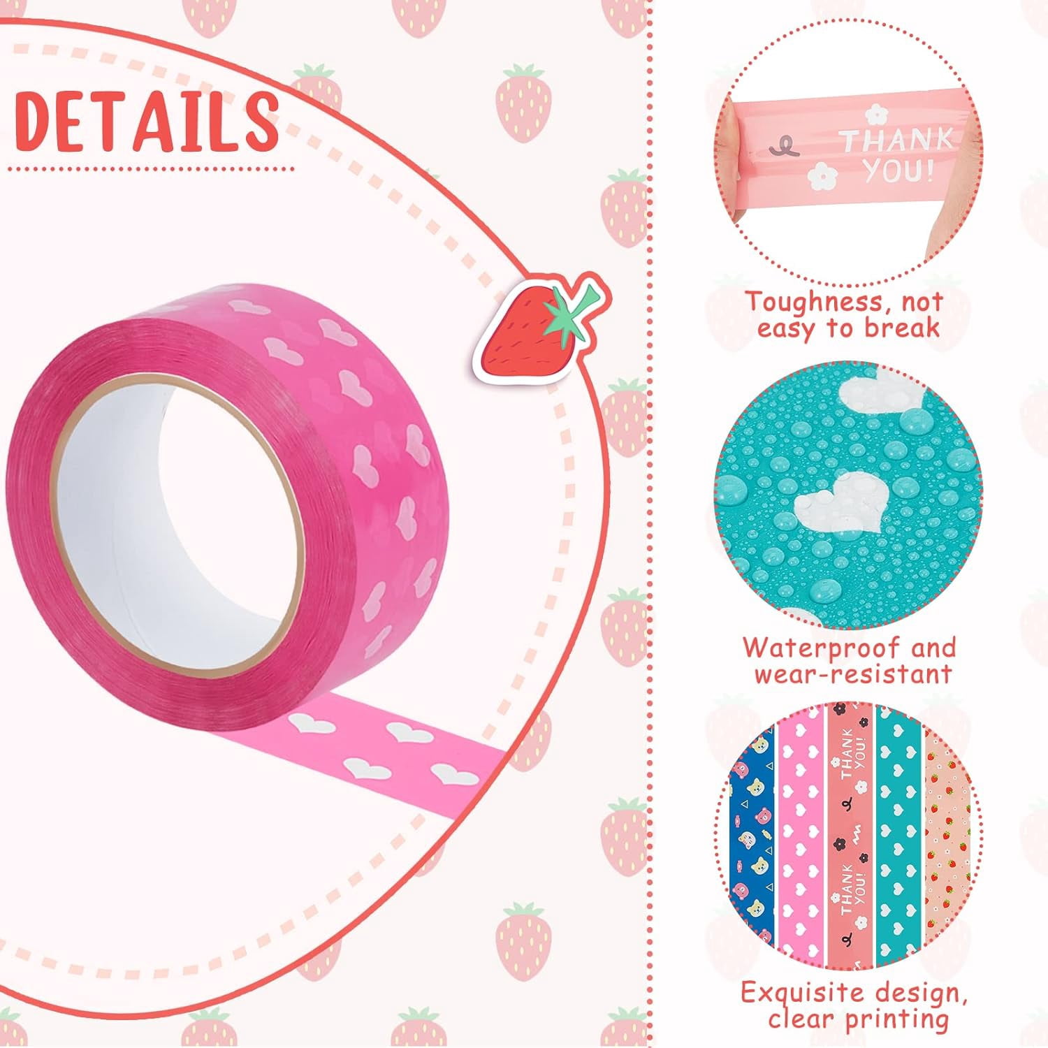 5 rolls of cute heart-shaped packing tape color-printed carton tape cartoon packing tape decorative and colored tape for sealing luggage, 1.77 inches 110 yards