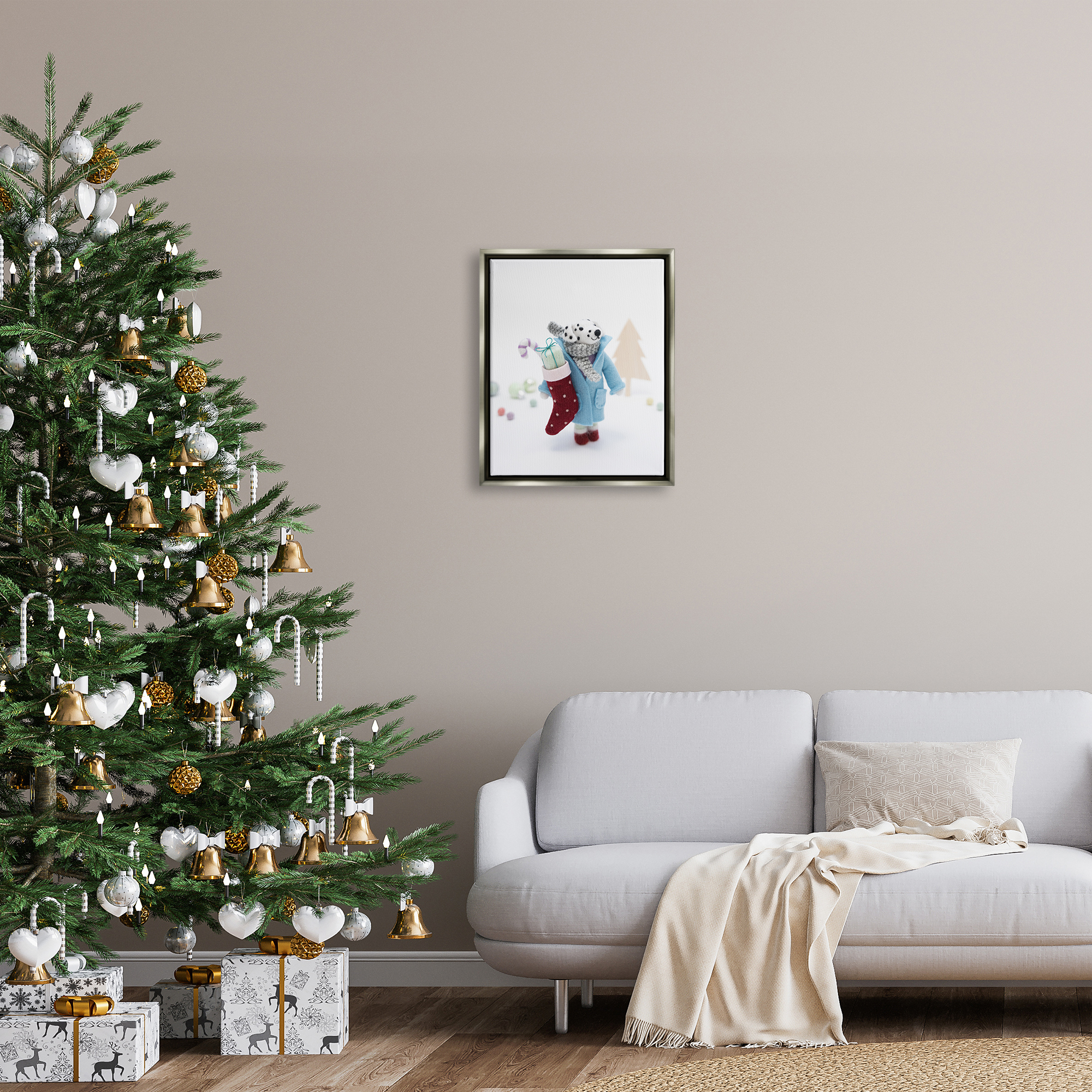 Stupell Industries Dalmatian Christmas Stocking Scene Holiday Photography Gray Floater Framed Art Print Wall Art