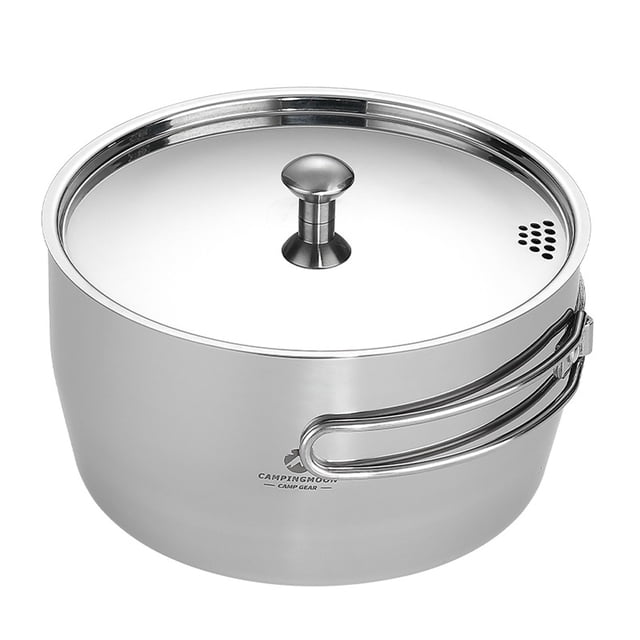 2L 304 Stainless Steel Outdoor Camping Cookware with 430 Stainless Steel Outer Layer & Aluminum Core - Versatile Pot for Boiling, Soup, Rice - Foldable Handle, Exhaust Hole, 2-3 Person Capacity,