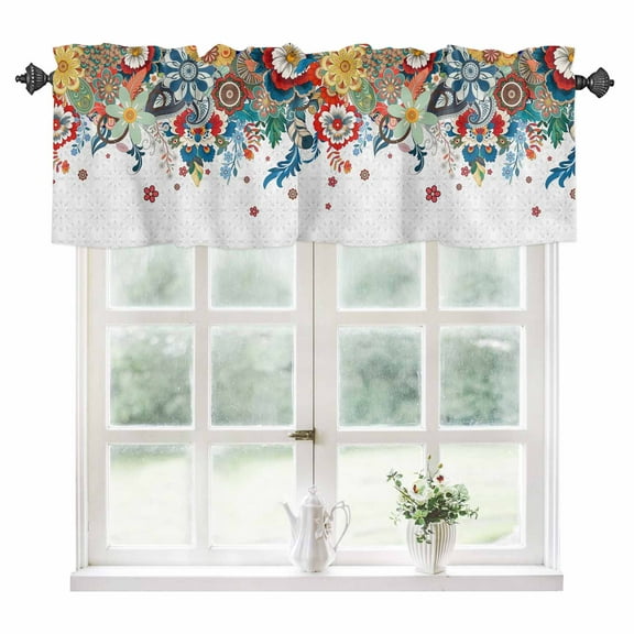 Bohemian Floral Kitchen Valances for Windows 54x18 Inch Kitchen Curtains Valances Rod Pocket Retro Abstract Flowers Boho Ethnic Bathroom Window Valances for Window Treatment Decor