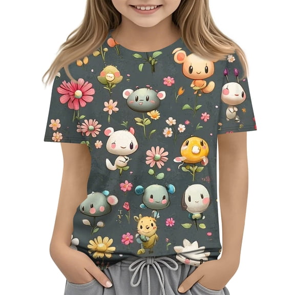 YOUYEDIAN Teen Girls Crewneck T Shirt Kids 3D Cartoon Graphic Short Sleeve Tshirts Cute Funny Printed Tops (Light Green, 6-7 Years)