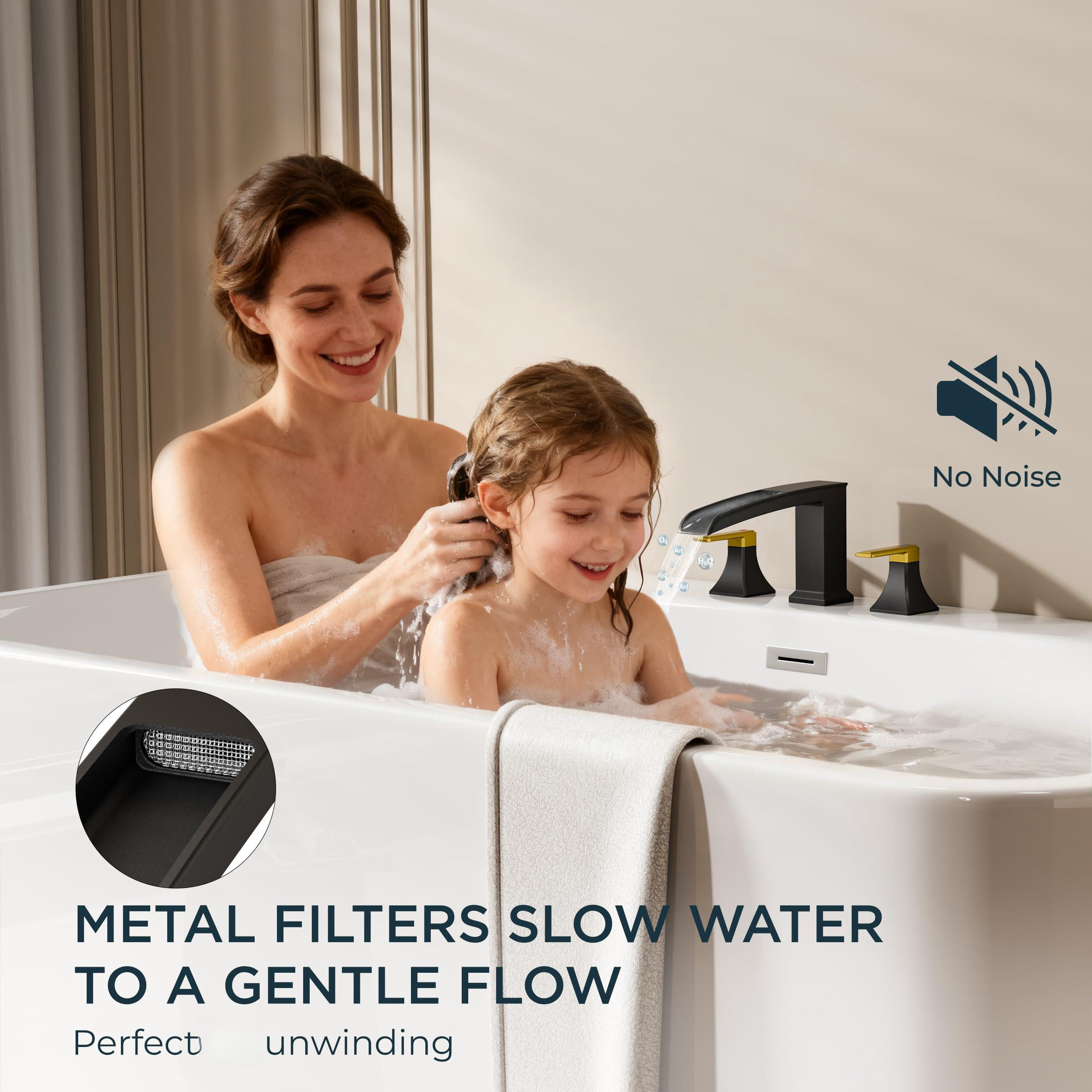 Waterfall Bathtub Faucet Set 3 Hole 2 Handle Deck Mount Roman Tub Widespread Black and Gold