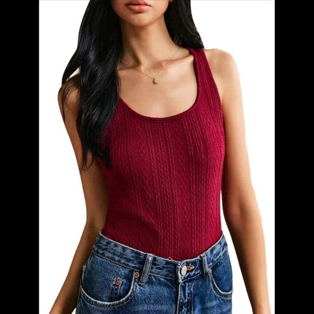 Camisetas Sin Mangas para Mujer, de Punto, con Cuello en U, Básicas e Informales de Verano. Vino Tinto L