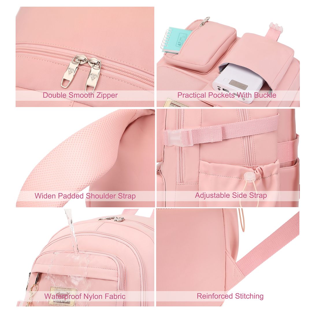Mochila para laptop de 15.6 pulgadas para niños, primaria, secundaria, preparatoria y universidad, antirrobo, para viajes, grande, para adolescentes y mujeres estudiantes (rosa) 6
