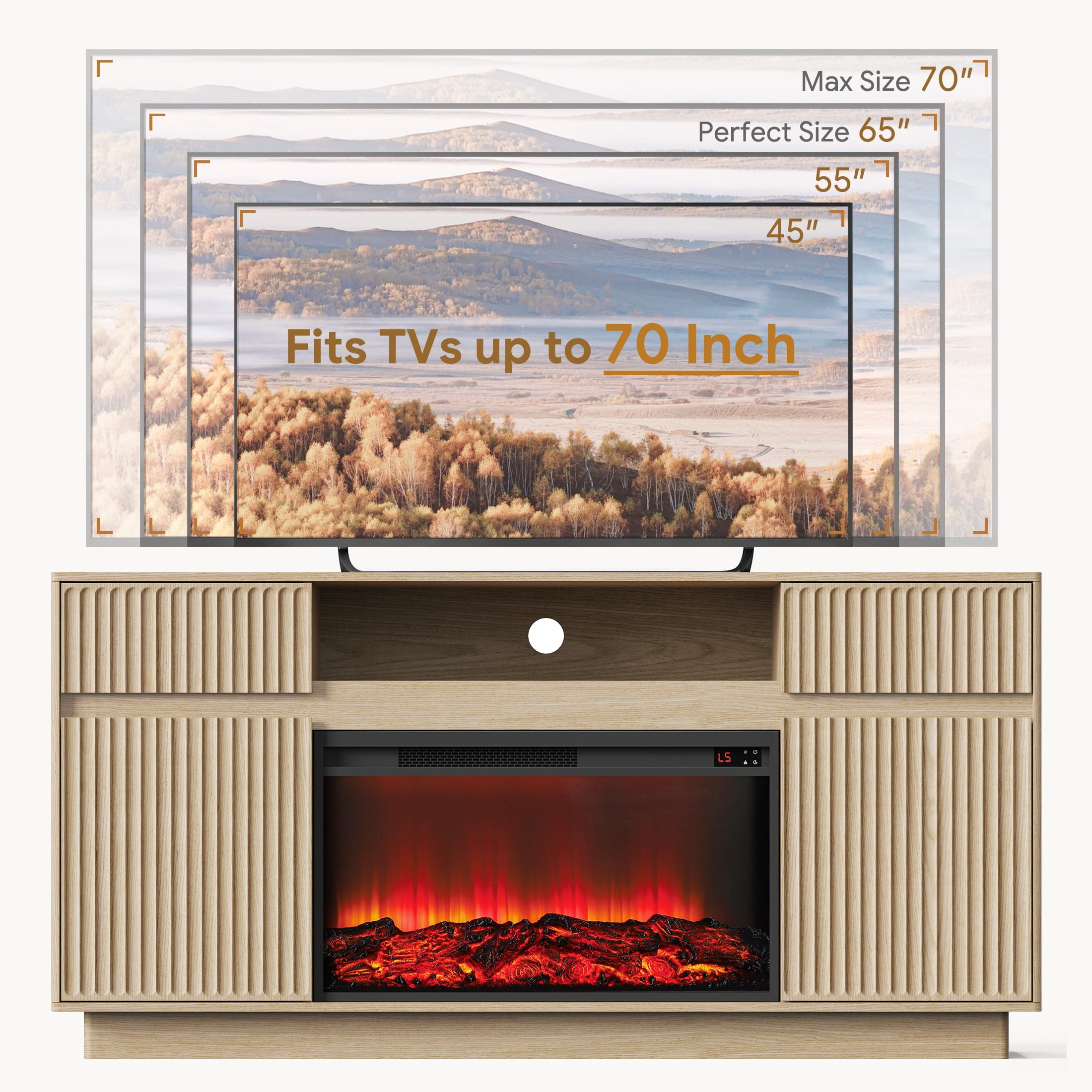 SESSLIFE Fireplace TV Stand for 70 Inch TV, 31'' Tall Mid Century Modern Fluted TV Stand with 2 Cabinets & Drawers, Entertainment Center with 3D Flame Electric Fireplace Heater, Natural Oak