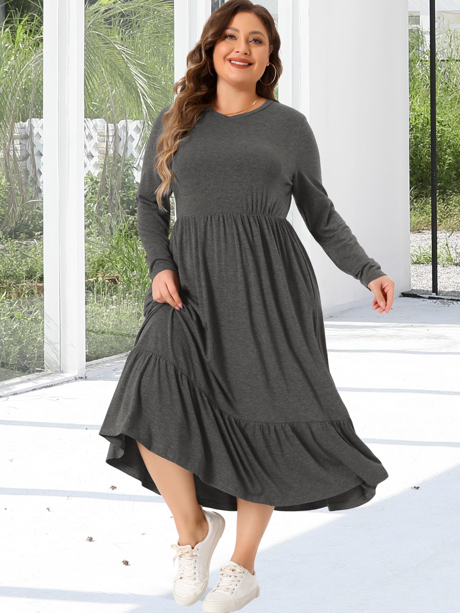 DARING DIVA Plus Size Casual V Neck T Shirts Flowy A-Line Dress 3X Gray