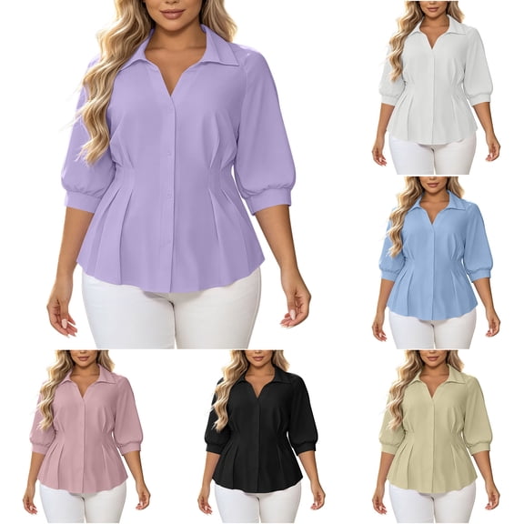 GERsome Womens Plus Size Button Down Shirts 3/4 Sleeve Collared V-Neck Trendy Pleated Tops Purple 2XL