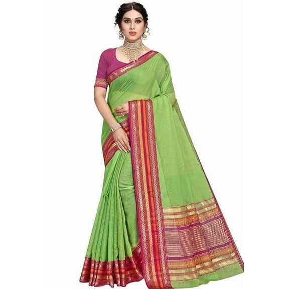 Women's Kota Doria Cotton Bordered Saree With Blouse Light Green,