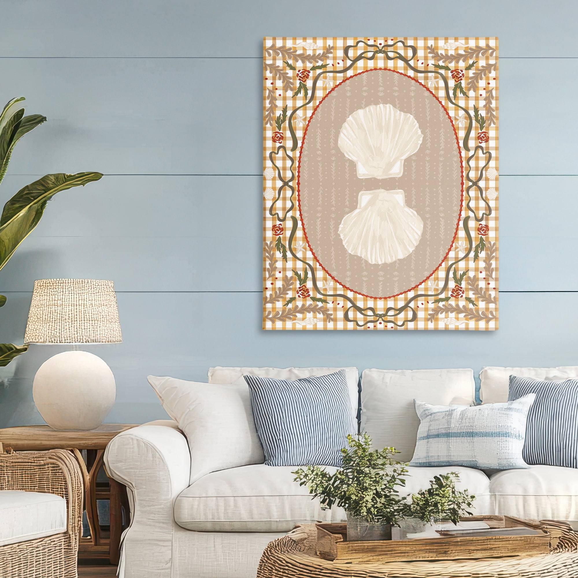 Stupell Industries Vintage Shells on Gingham Canvas Wall Art, design by Vero Illustrates