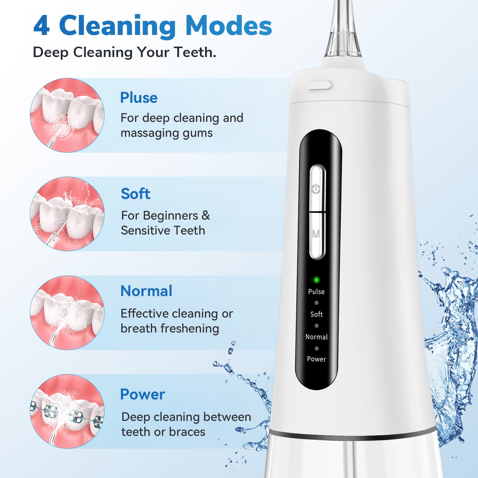 AMBLER Cordless Water Flosser for Teeth,4 Modes 4 Jet Tips Rechargeable Dental Oral Irrigator for Home and Travel (White)