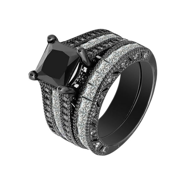 BNNG Silver Rings for Women Square Black White Color Cubic Zirconia Bridal Rhinestone Engagement Ring Full Diamond Zirconia Solitaire Ring Stackable Wedding Bands Rings for Women Set