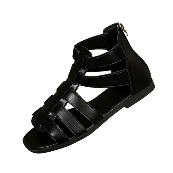 Black Ladies Beach Comfy Spring Summer Style Roman Sandals Square Head Open Toe Rear Zipper Flat Sandals For Everyday Use