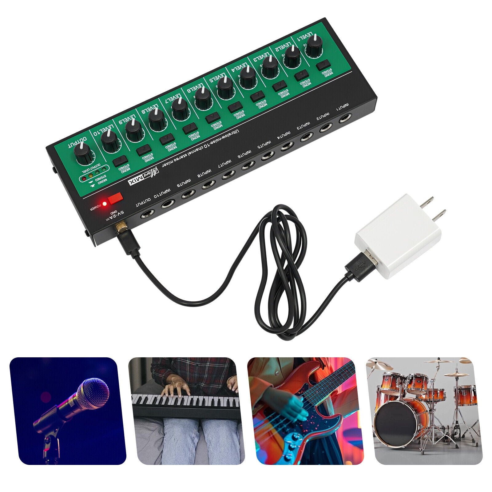 10 Channel Audio Mixer, Mini Audio Mixer, Audio Mixer W/ USB Charging Cable&Plug