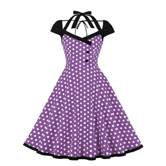 QUYUON Women Vintage Cocktail Halter Dress Polka Dot Print Retro Cocktail Party Swing Dress Button Front Tie Knot Back Tea Dress Wedding Guest A-Line Prom Dress Style D-6444 Purple XL