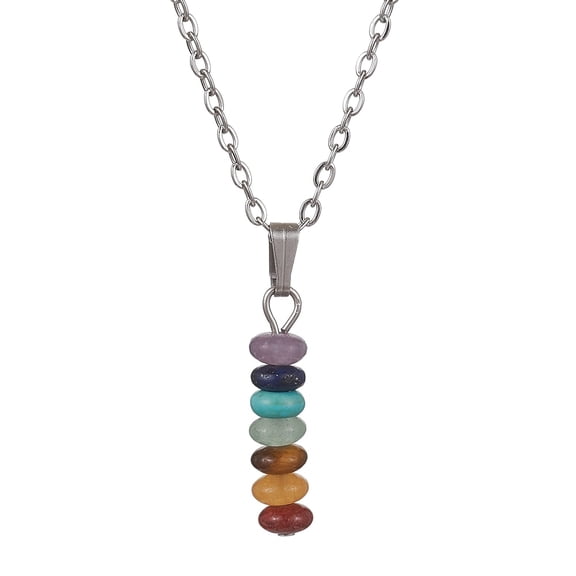 Pendant Necklace Stainless Steel Disc Gemstone Silver 17.8 in N157