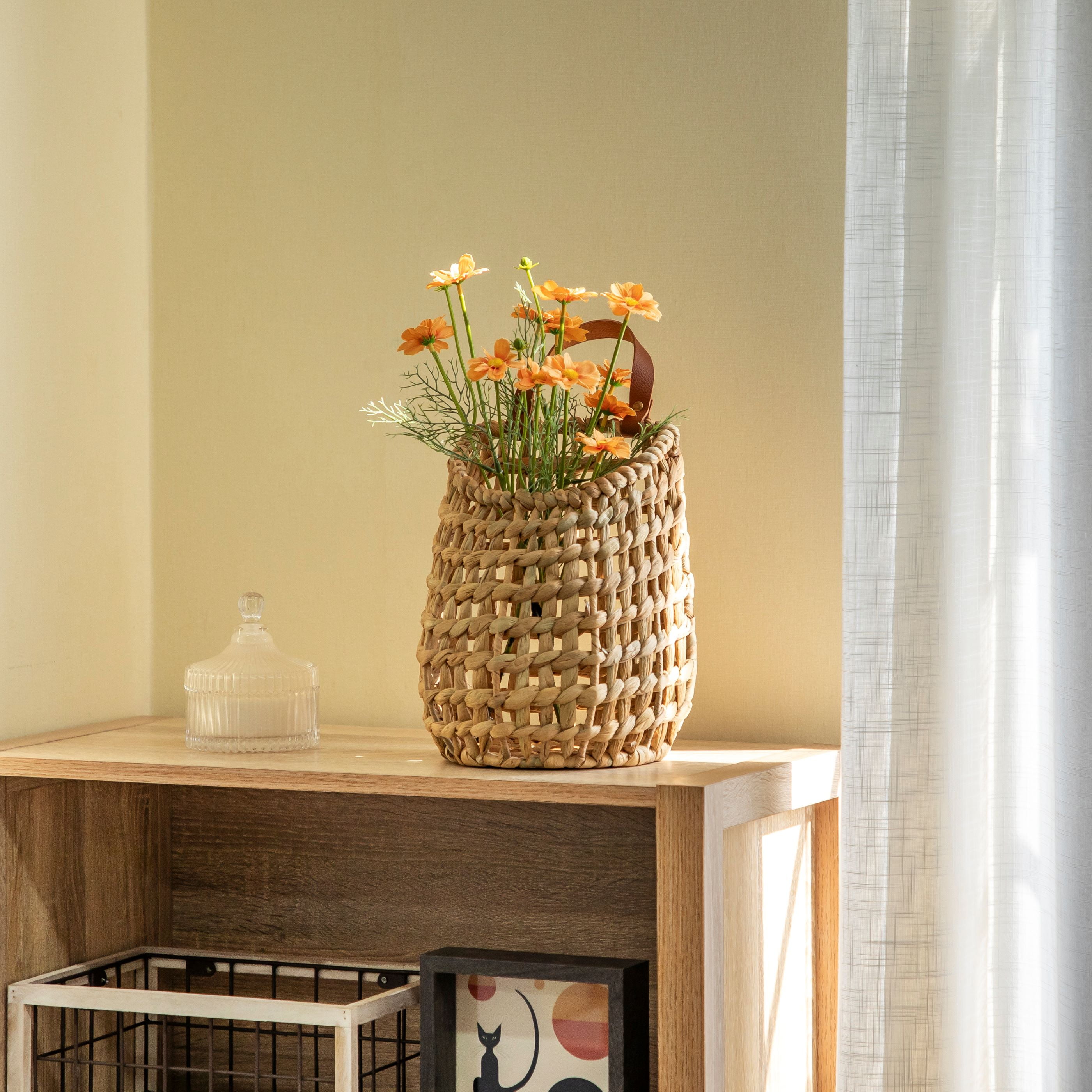 Homezone Natural Water Hyacinth Hanging Basket with Faux Leather Strap
