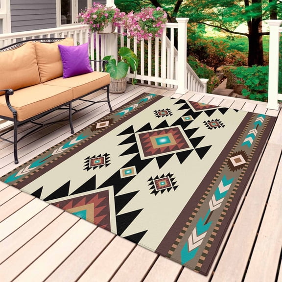 Southwest Geometric Outdoor Rug for Patio/Deck/Porch, Non-Slip Large Area Rug 5 x 7 Ft, Brown Mexican Aztec Boho Tribal Indoor Outdoor Rugs Washable Area Rugs, Reversible Camping Rug Carpet Runner