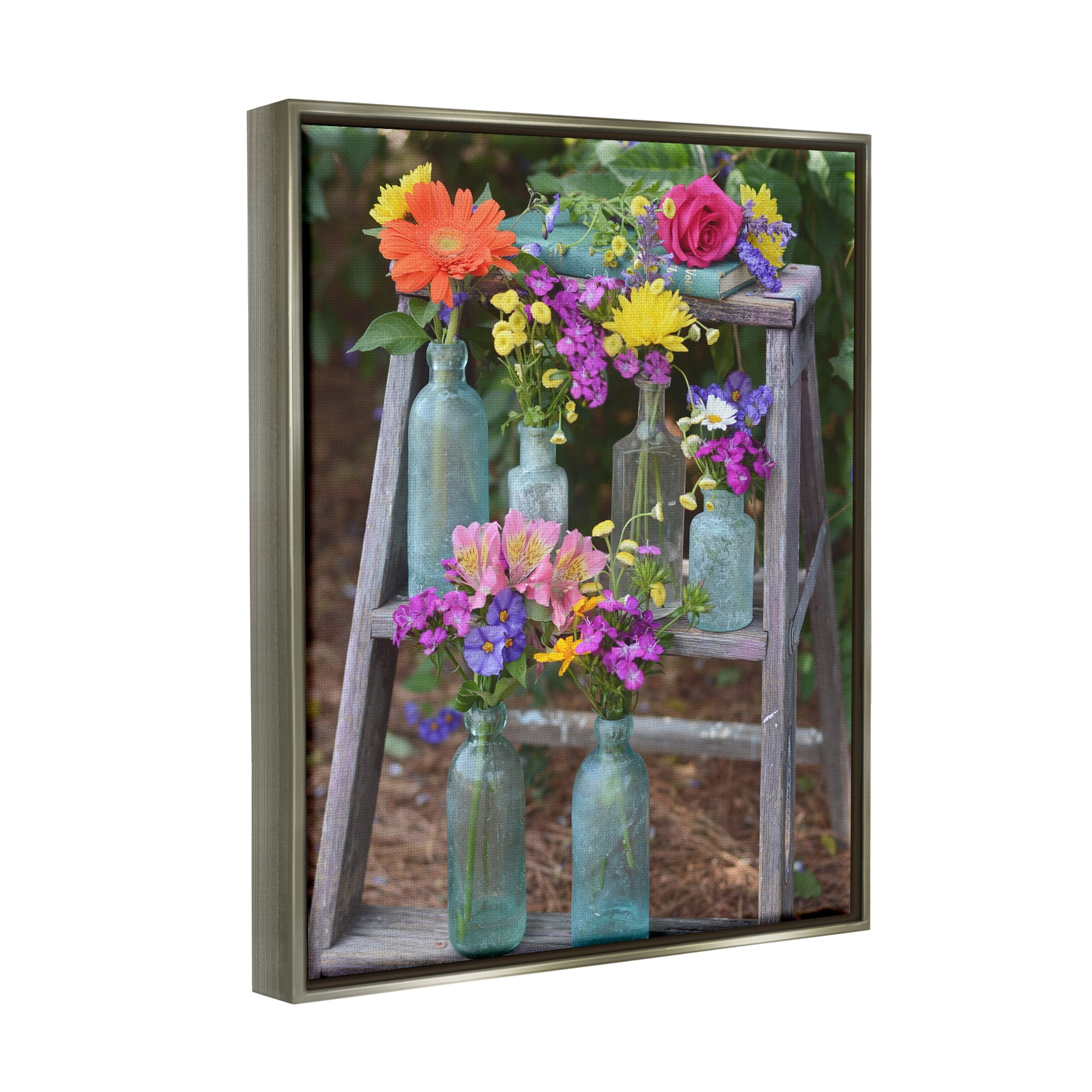 Stupell Industries Country Flower Jars Botanical & Floral Photography Gray Floater Framed Canvas Art Print Wall Art, 17 x 21