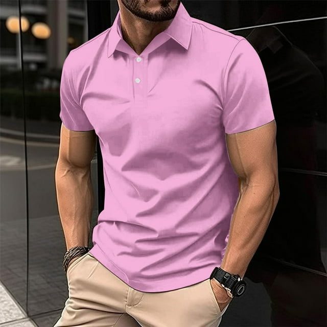 pstuiky camisetas de hombre, Camisa de verano de poliéster con cuello alto y botones de manga corta para hombre, informal, de color liso, con solapa y manga corta. camisetas de hombre m