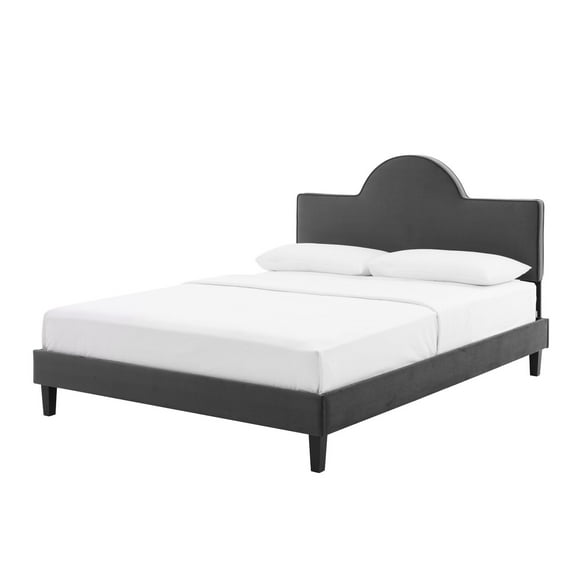 Platform Bed Frame, Queen Size, Charcoal Grey Gray, Velvet, Modern Contemporary, Bedroom Master Guest Suite Room