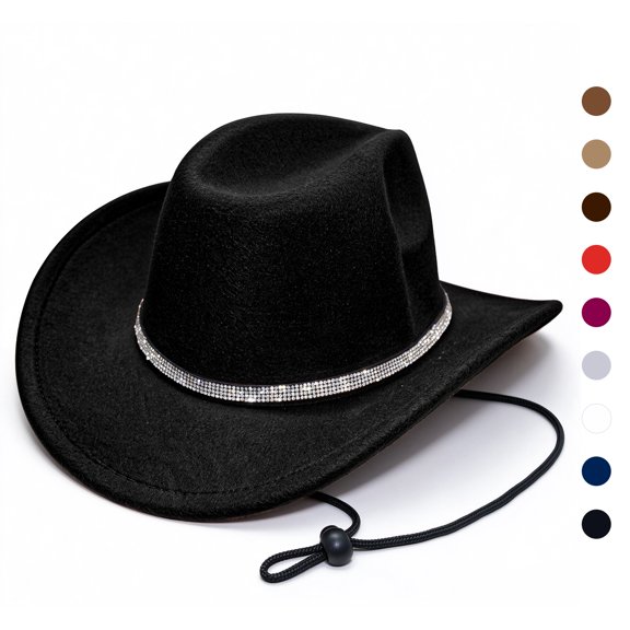 Western Cowboy Hat for Women Men,Wide Brim Rhinestone Cowgirl Hat Glitter Felt Fedora Country Party Rodeo Costume Accessory