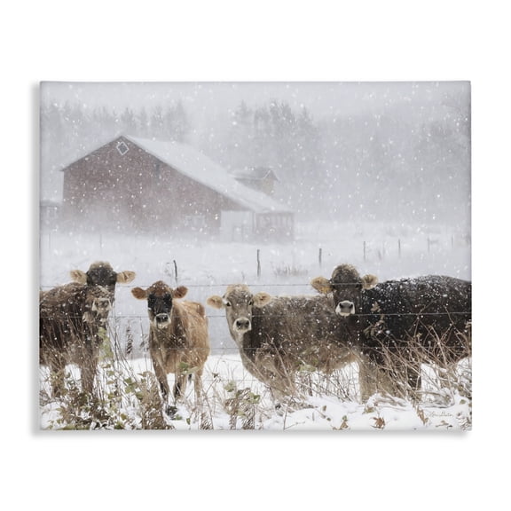 Stupell Industries Rustic Lodge Winter Farm Scene Cow Cattle Snowflakes Barn Canvas Art, 20 x 16, by Lori Deiter