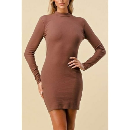 Women s Solid Mock Neck Back Cut Rib Mini Dress