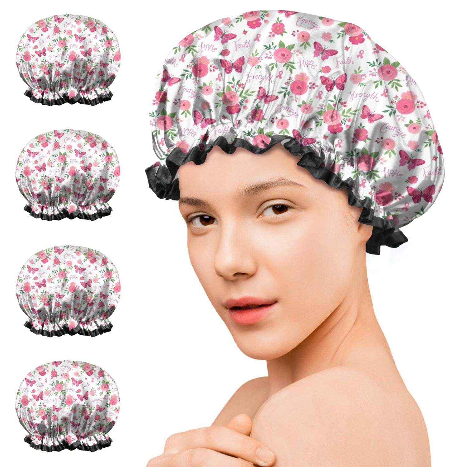 Shower Caps,White Pink Butterfly Flower Pattern Waterproof Shower Cap for Women 4 Pieces,Double Reusable Hair Cover for Shower PEVA Elastic Stretch Hem