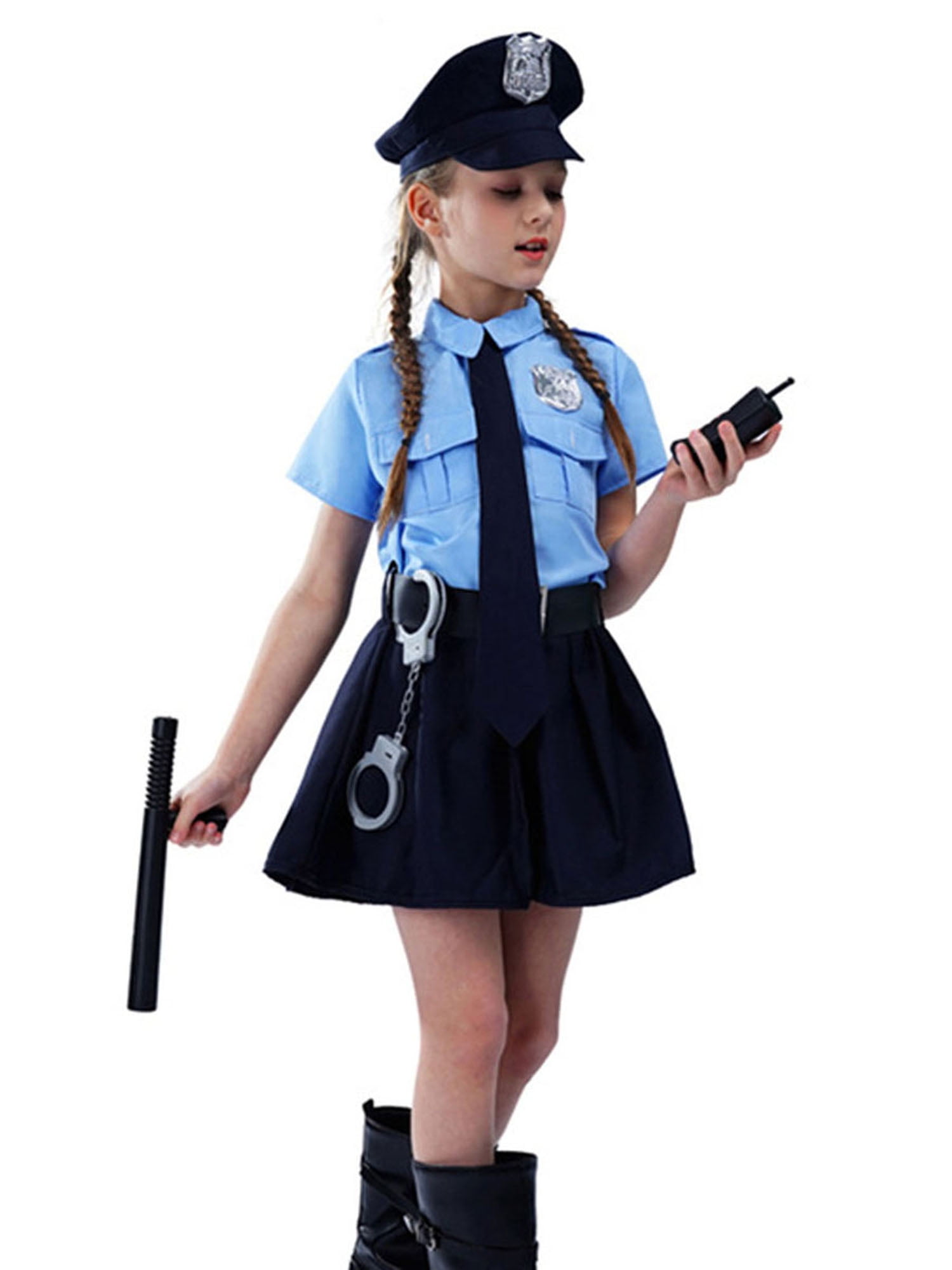 Womens Police Officer Costume Mini Dress With Hat Belt Handcuffs Stick ...