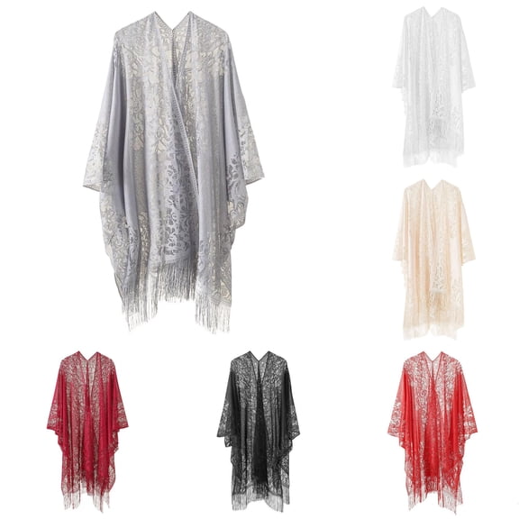 NinXxx Women‘s Lace Embroidered Kimono Shawl Open Front Fringe Trim Cover Up Grey