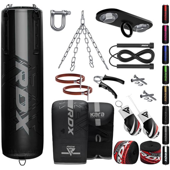 RDX 4PC Punching Bag Anti Swing Heavy Filled Set, Non Tear Maya Hide Leather Adult Bag with Ceiling Hook Punching Gloves Chain, Kickboxing Boxing MMA Muay Thai Karate Training, 60 lb, 80 lb
