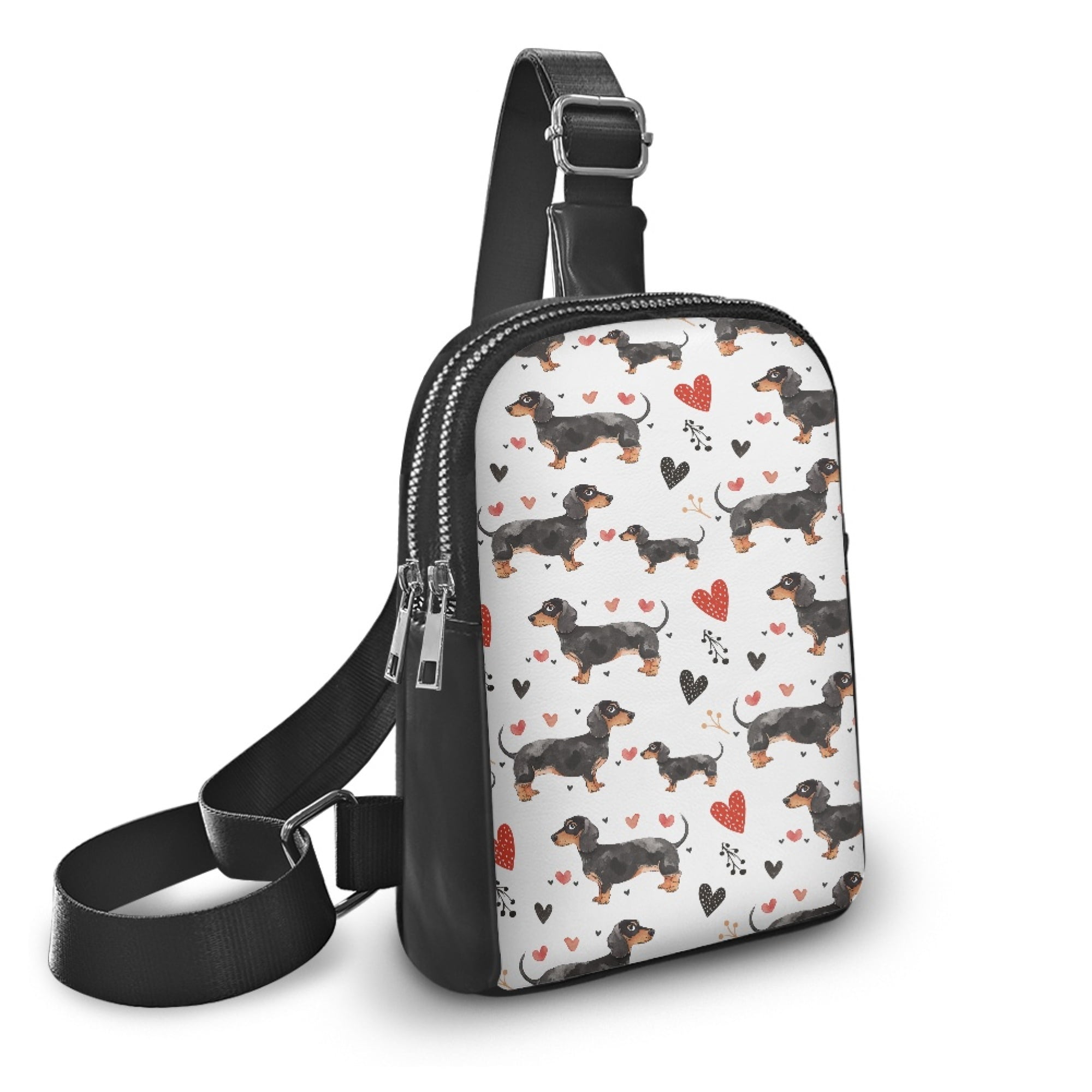 FOR U DESIGNS Dachshund Sling Bag for Women Dog Crossbody Bags White Cross Body Purse PU Leather Fanny Pack with Adjustable Shoulder Strap Cute Chest Bag Heart Belt Bag