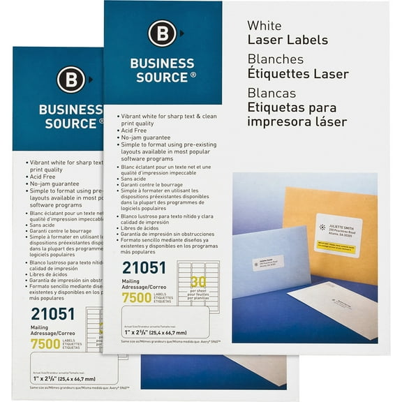 Business Source Bright White Premium-quality Address Labels - 1" X 2 5/8" Length - Permanent Adhesive - Rectangle - Laser, - White - 30 / Sheet - 250 Total Sheets - 15000 / Carton