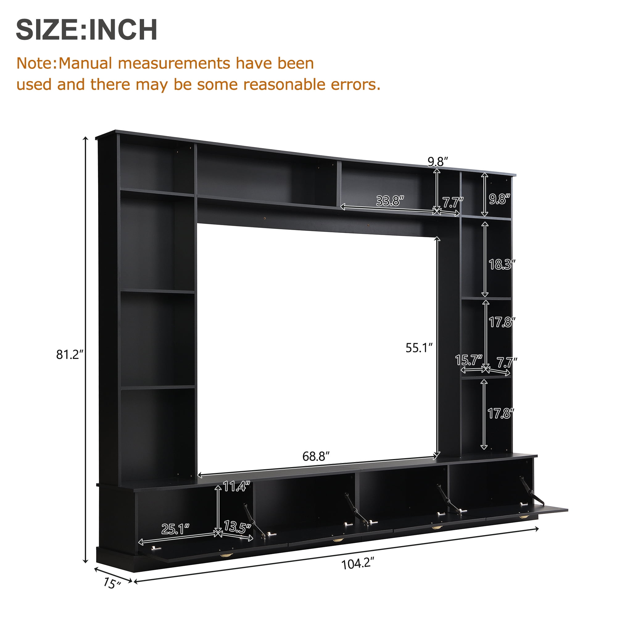 MAYEERTY Large Wall Unit Entertainment Center with Bookshelves for TVs Up to 78'', Modern TV Console with Cabinets and Open Shelves, Black