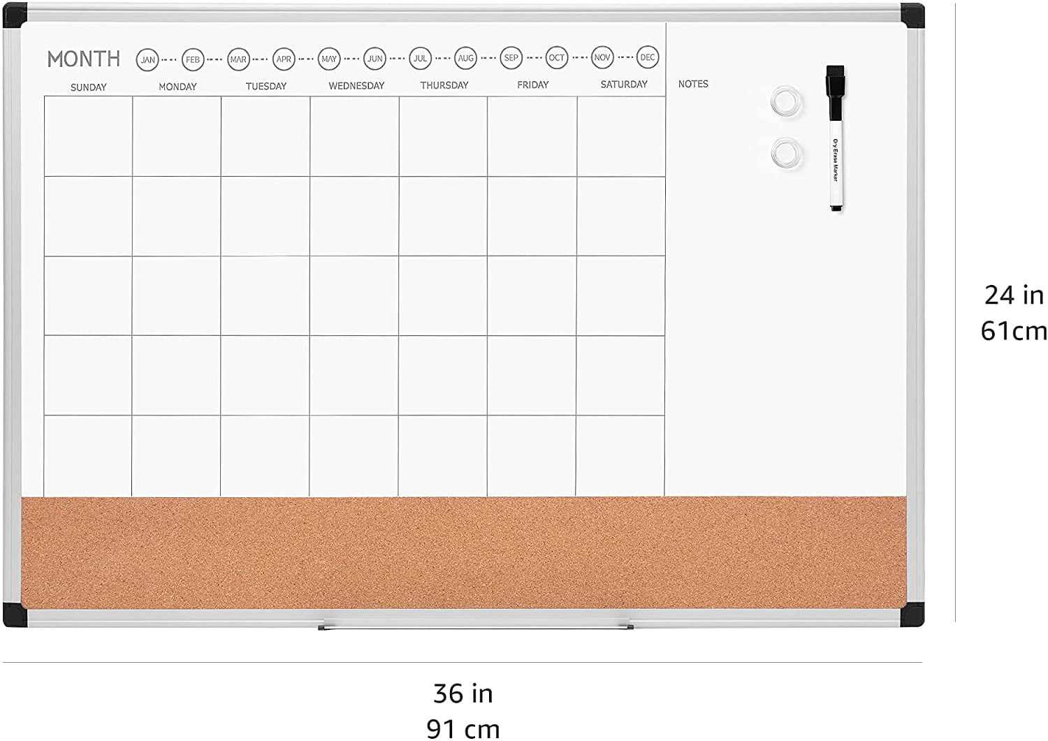 Pen+Gear Monthly Calendar Dry Erase Whiteboard with Silver Frame, 24x36 Inches