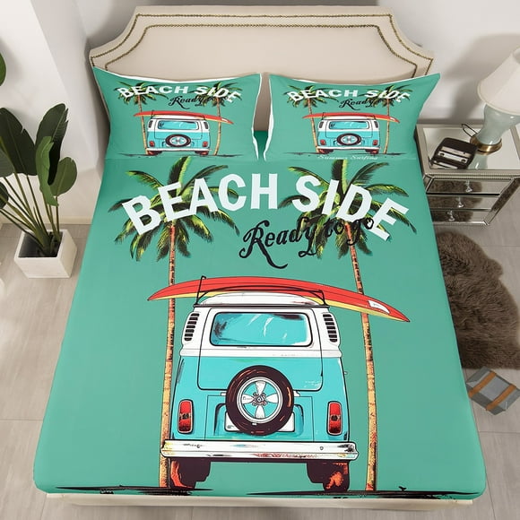 Coastal Beach Surfer Twin Fitted Sheet,Surfboard Surf Bedding Set for Kids Girls Boys,Hawaiian Palm Tree Bed Set Ocean Sea Theme Summer Surfing Bottom Sheets 2Pcs(No Top Sheet)