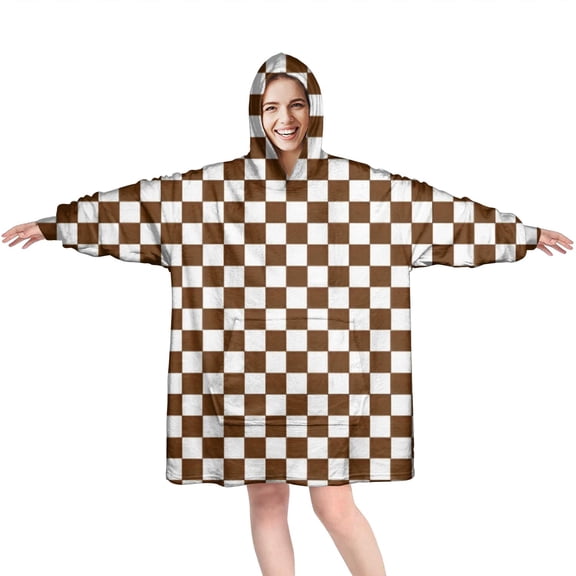 Brown and White Checkerboard Pattern Wearable Oversized Blanket,Wearable Blanket Hoodie for Adults,Cozy Hooded Blankets with Super Pockets,Super Warm Fuzzy Pullover for Women & Men