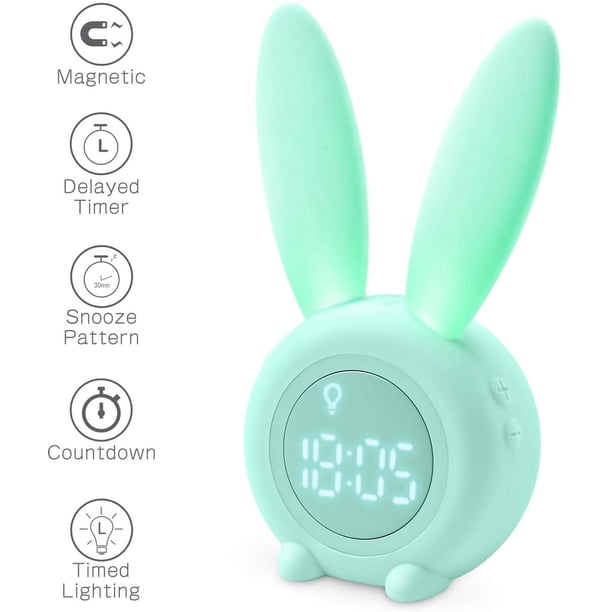 Reloj despertador con luz para niños, reloj despertador con forma de conejo bonito para despertar a los niños, lámpara de noche creativa, función de repetición, luz nocturna temporizada, Fokelyi LN-1059
