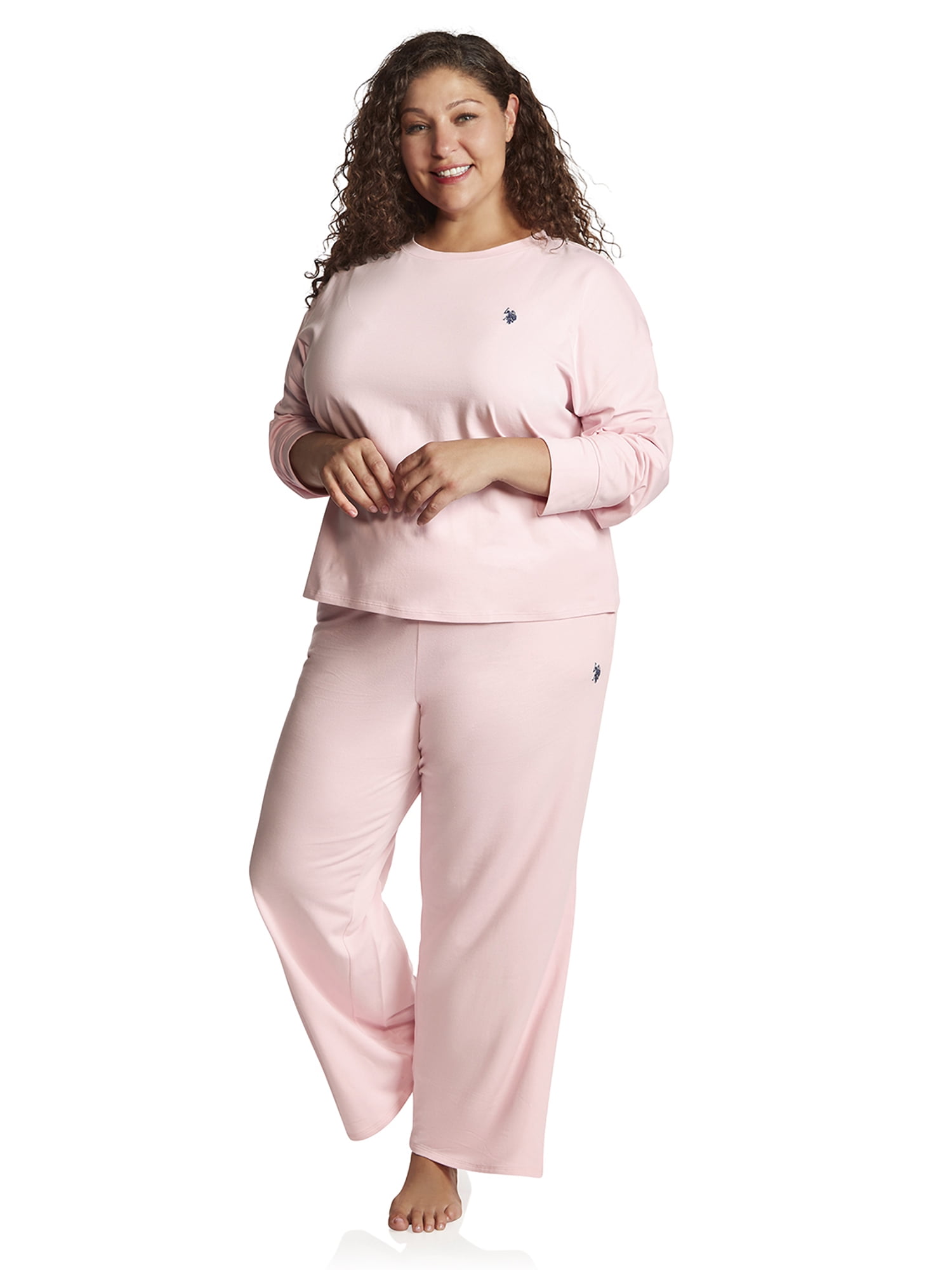U.S. Polo Assn. Women's Long Sleeve Cotton Span Top and French Terry Wide Leg Pant Pajama Sleep Set, 2-Piece, Sizes S-3X