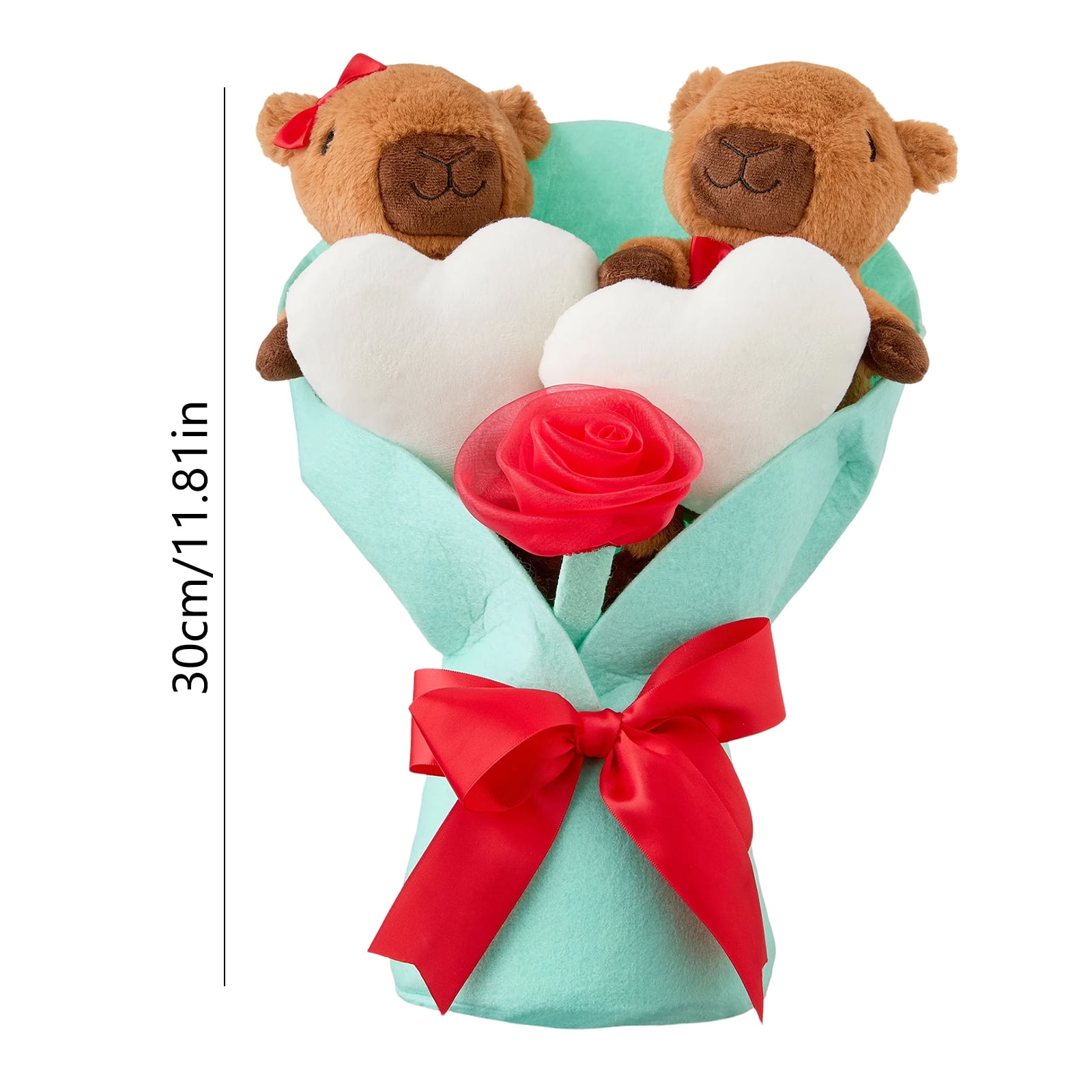 LEWEEN Capybara Bouquet Plush Gift Set: 11.8 Inch Valentine's Day Medium Capybara Plush Toy with Heart Accents, Pink Satin Bow, Soft Cuddly Design for Home Decor and Presents