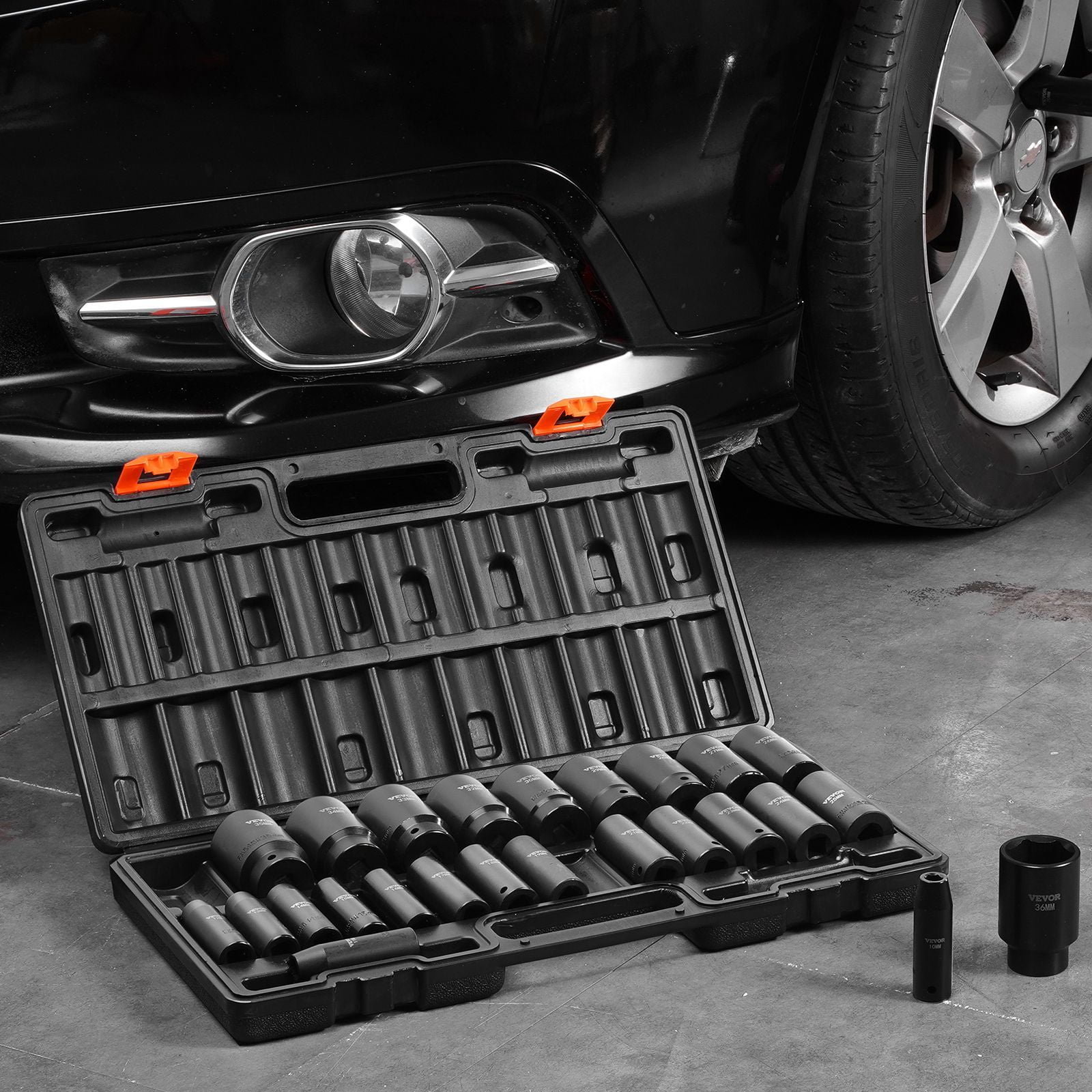 Chateauy 1/2" 26 Piece Deep 6-Point Impact Socket Set Metric 10mm - 36mm 1/2 Inches Drive Cr-V Steel Socket Kit with Storage Cage