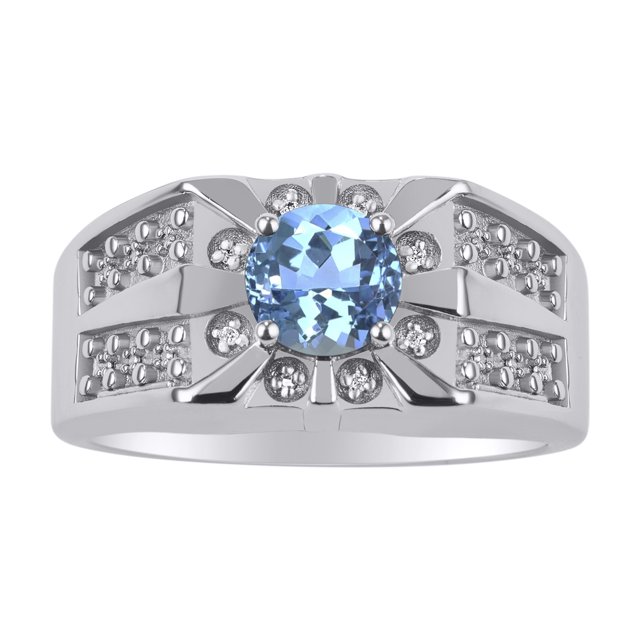 RYLOS Men's Rings 14K White Gold Designer Starburst 7MM Round Gemstone & Diamond Ring Blue Topaz December Birthstone Size 13